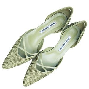 Manolo Blahnik Tweed Kitten Heels Green Pointed Toe Cross Strap Leather EU 40.5